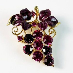 Vintage M. Jent Purple Enamel Rhinestones Grape Cluster Gold TOne Brooch Pin